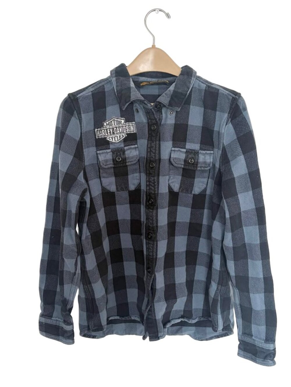 Harley-Davidson Women's Flannel Shirt L Blue Gray Plaid Embroidered Wings Cotton